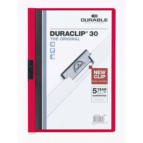 Durable Duraclip A4 folder with transparent cover, 30 sheet capacity, and colored spine for professional document presentation.