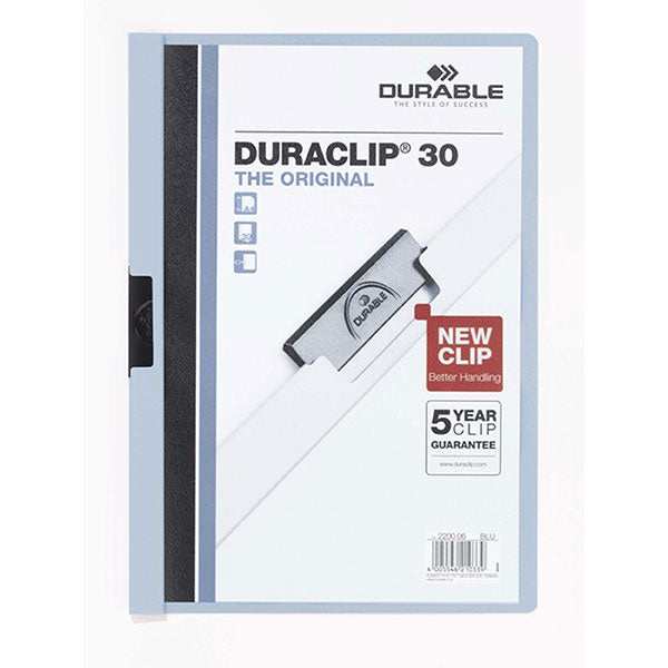 Durable blue A4 document folder with transparent cover, holds 30 sheets, no punching needed, 5-year clip guarantee.