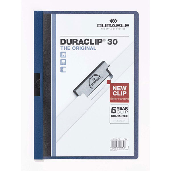 Durable A4 document folder in dark blue with transparent cover, holds up to 30 sheets, perfect for organizing and presenting papers.