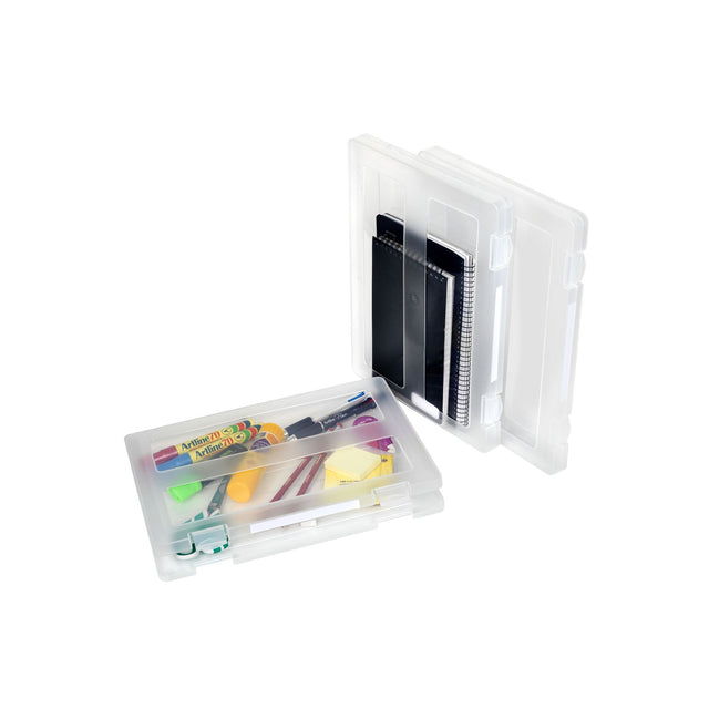 Clear A4 file case by Marbig with clip labels for easy organization of documents and stationery, featuring durable plastic construction.