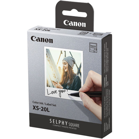 Canon Selphy XS-20L pack with 20 sheets of high-quality 2.7 x 2.7" photo paper and ink for vibrant, lasting prints.