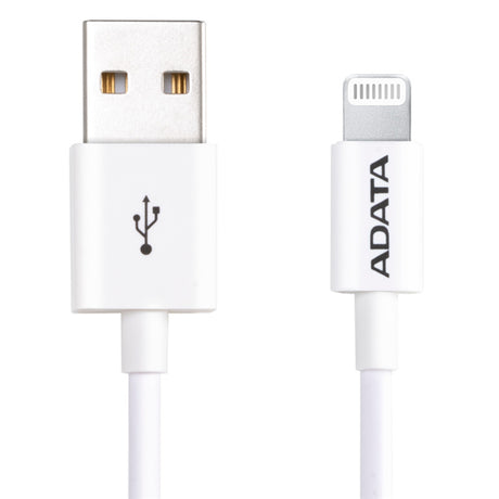 White 1m ADATA USB Type A to Lightning cable for fast charging and data syncing of Apple devices, featuring strong durability.