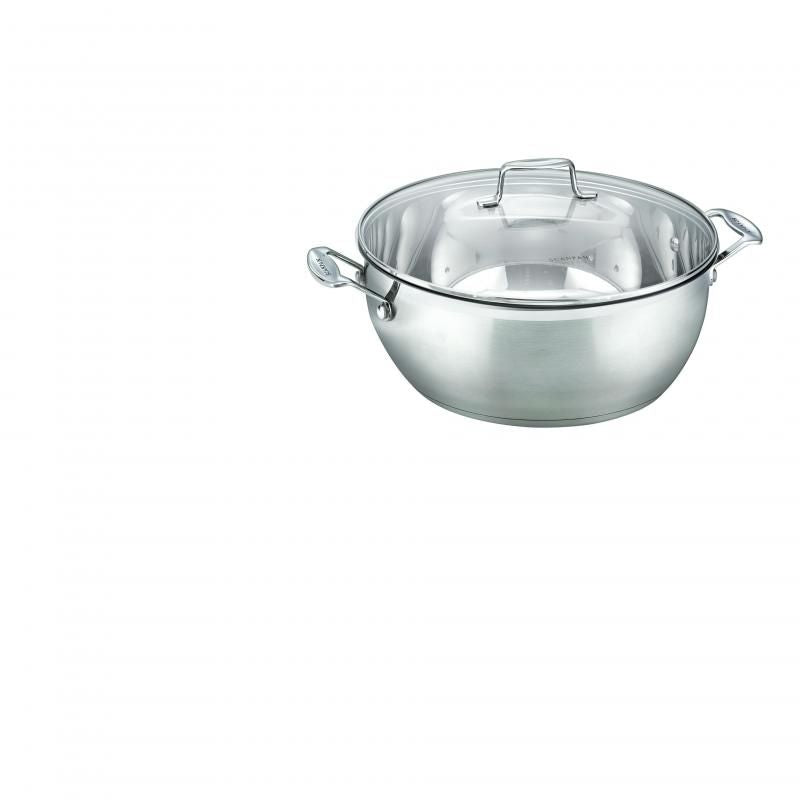 Scanpan 32cm Covered Stew Pot, featuring durable steel, 8.5L capacity, tempered glass lid, and cool-touch handles.