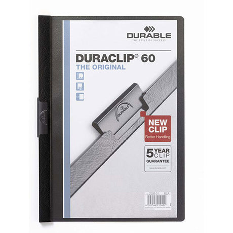 Durable A4 black folder for up to 60 sheets, features transparent cover and colored spine for easy document presentation.