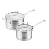 Scanpan Impact Saucepan Set featuring 16cm and 20cm pans, stainless steel construction, tempered glass lids, and induction compatibility.