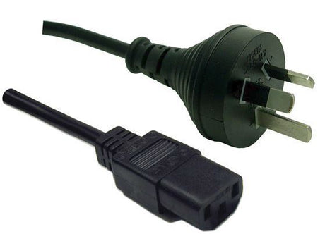 Black 1m power cord with IEC female plug and 3 pin male plug, rated 10A/250V, SAA approved for safe device connectivity.