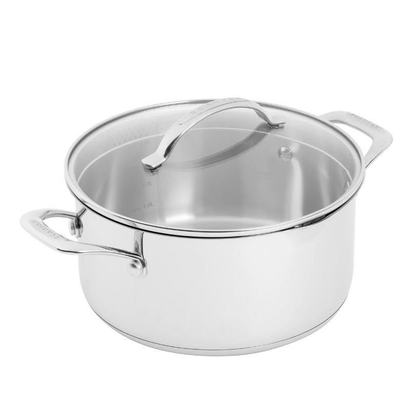 Scanpan STS Dutch Oven, 24cm, 4.8L, polished stainless steel with tempered glass lid, ergonomic handles, ideal for all cooktops.