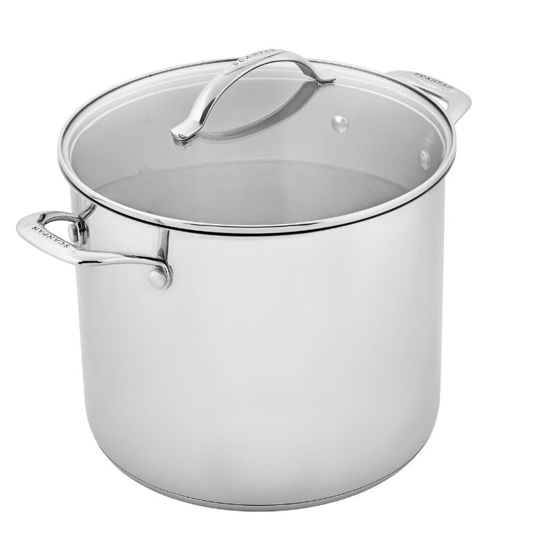 Scanpan STS 26cm stainless steel stockpot with glass lid, ideal for soups and stews, featuring ergonomic handles and capacity markings.