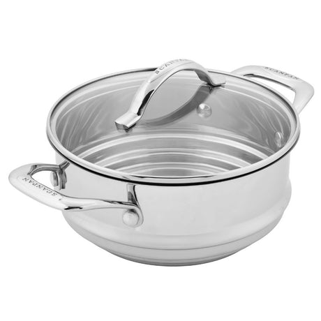 Scanpan STS Multi Steamer Insert in stainless steel with glass lid, fits 16/18/20cm pots for healthy cooking and easy handling.