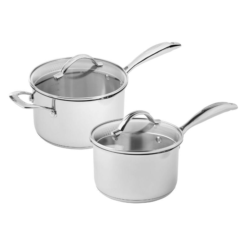 Scanpan STS 2 Piece Saucepan Set featuring durable stainless steel, ergonomic handles, and tempered glass lids for versatile cooking.