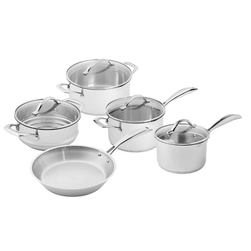 Scanpan STS 5 Piece Cookware Set featuring premium stainless steel, ergonomic handles, and versatile cooking options.