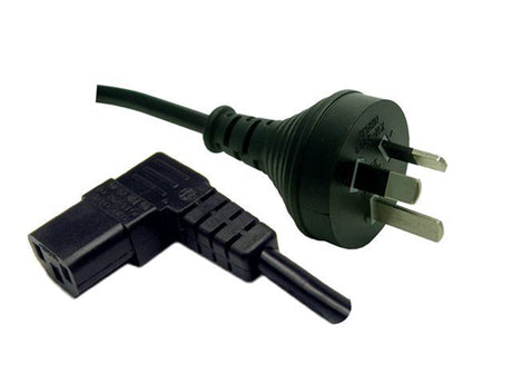 Right angle 3m power cord with IEC female to 3-pin male connection, 10A, SAA approved, ideal for tight spaces.