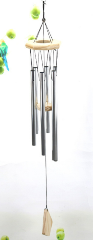 Elegant silver wind chimes with 6 rods, creating soothing melodies for gardens and patios, 68x10 cm in size.
