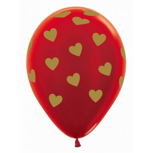 Classic metallic red latex balloons with heart patterns, perfect for romantic celebrations, weddings, and anniversaries.