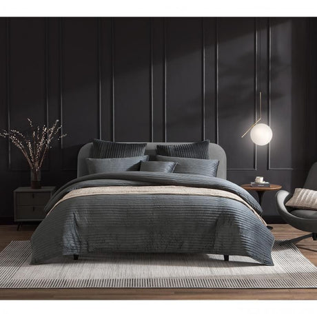 Luxurious King Barlow Quilt/Duvet Set in Slate, featuring soft velvet with irregular stripes and decorative stitching.