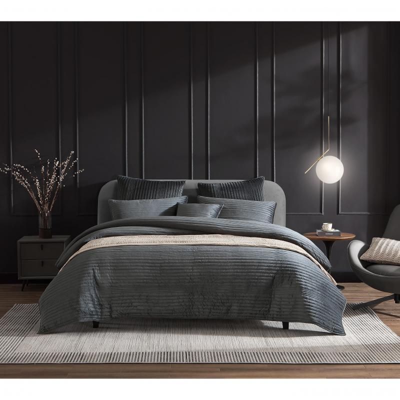 Luxurious Barlow Quilt/Duvet Set for Super King Bed in slate, featuring soft velvet, irregular stripes, and decorative stitching.