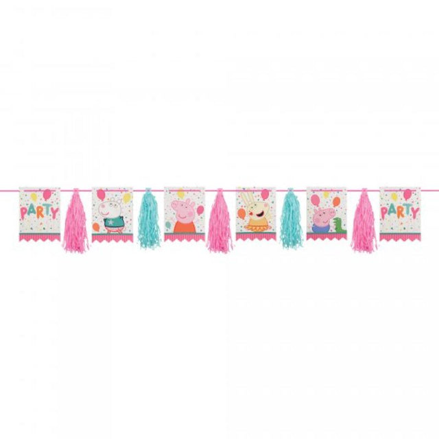 Peppa Pig-themed glittered pennants and tassel garland, perfect for vibrant birthday celebrations and photo backdrops.