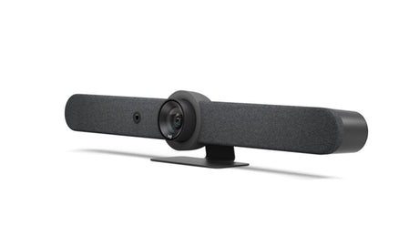 Logitech Rally Bar VC system in Graphite Black, featuring 4K video, AI framing, and seamless integration with Zoom and Teams.