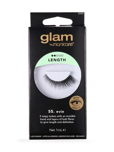 Voluminous faux mink lashes with wispy layers and invisible band for a natural look, includes hypoallergenic adhesive.