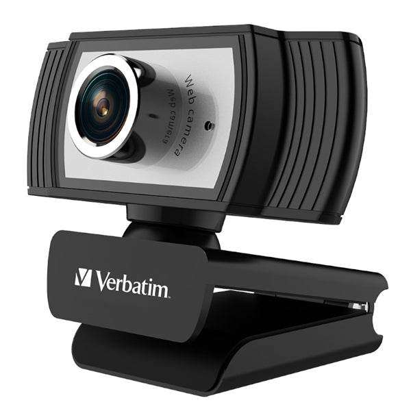 Verbatim 1080p Full HD Webcam with built-in microphone, low light correction, and USB plug-and-play functionality for video calls.