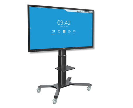 Elegant motorised stand for displays 55"-86", with adjustable height, remote control, and cable management for corporate and education use.