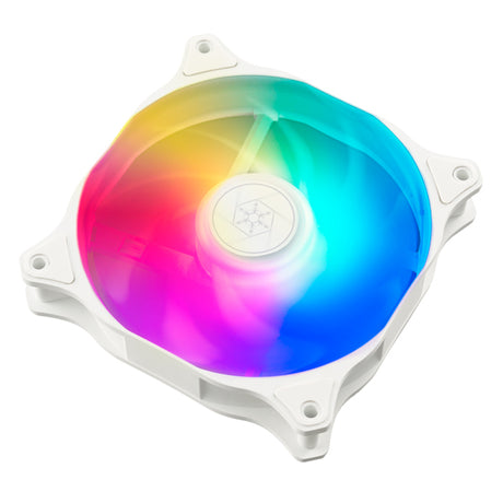 Silverstone Air Blazer 120R ARGB fan in white, features vibrant RGB lighting, PWM control, and quiet operation for custom PCs.