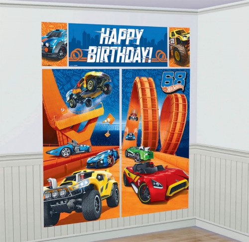 Hot Wheels Wild Racer wall decoration kit with vibrant banner and cutouts, perfect for creating a racing-themed room.