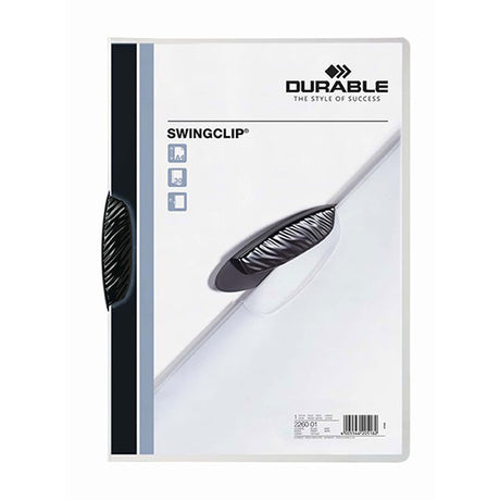 Durable A4 document file with flexible polypropylene, 30-sheet capacity, and a stylish swivel clip closure.