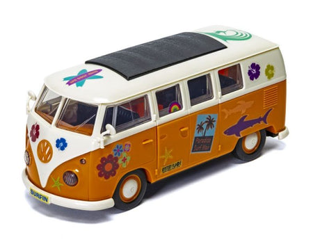 Colorful VW Camper Van model kit with 52 snap-together pieces, perfect for kids and creativity, promoting imagination and fun.