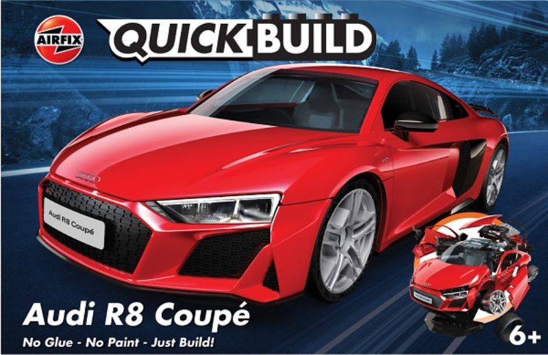 Airfix QUICKBUILD Audi R8 Coupe model kit with 45 pre-colored pieces for easy assembly, featuring free-rolling wheels and stickers.