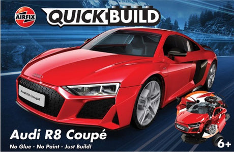 Airfix QUICKBUILD Audi R8 Coupe model kit with 45 pre-colored pieces for easy assembly, featuring free-rolling wheels and stickers.