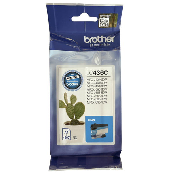 Brother LC436C Cyan Ink Cartridge, designed for vibrant prints, compatible with Brother printers, yields 1500 pages.