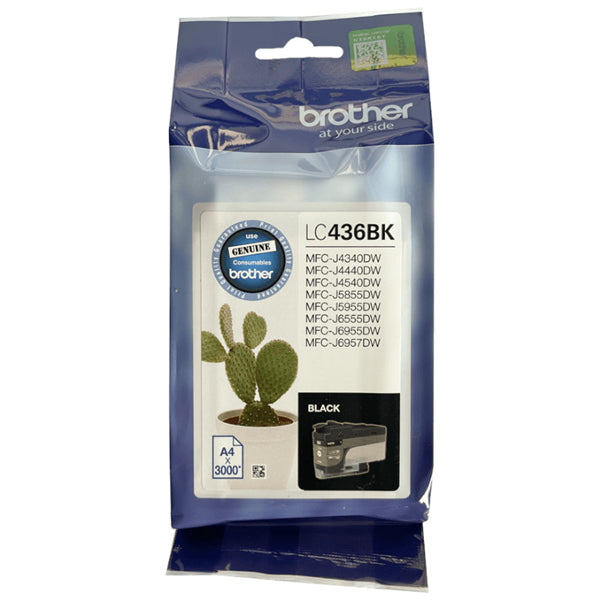 Brother LC436BK Black Ink Cartridge for high-quality prints, up to 3000 pages yield, compatible with various Brother printers.