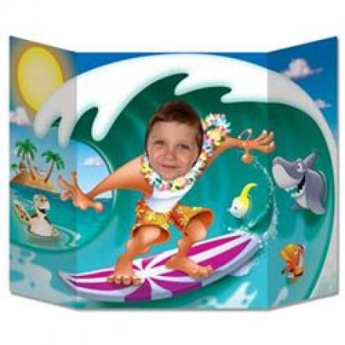 Cardboard photo prop of a surfer dude, measuring 94cm x 64cm, ideal for beach-themed events.