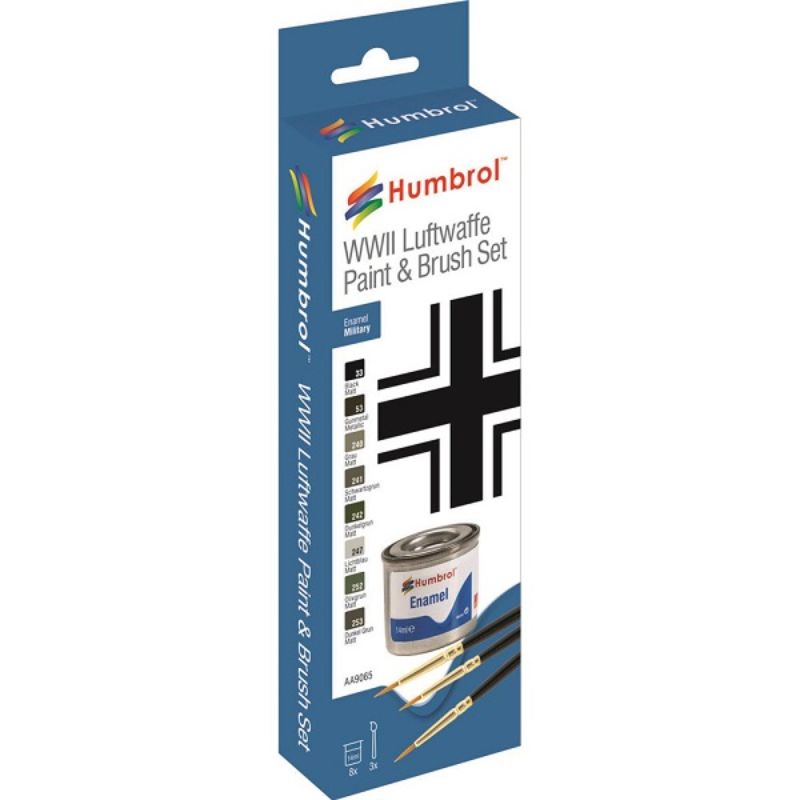 Humbrol Enamel Paint & Brush Set for Luftwaffe WWII models, featuring 8 historical colors and 3 precision brushes.