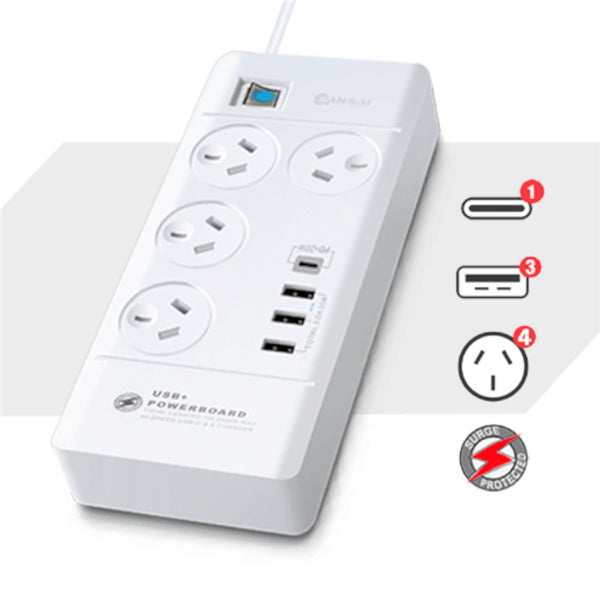 Sansai 4 way surge powerboard with 4 outlets, 3 USB-A, 1 USB-C, surge protection, and 1m cable for versatile device charging.