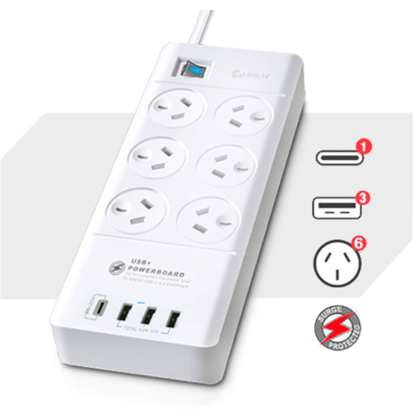 Sansai 6 Way Surge Powerboard with 3 USB and 1 USB-C ports, featuring 6 power outlets and 375J surge protection.