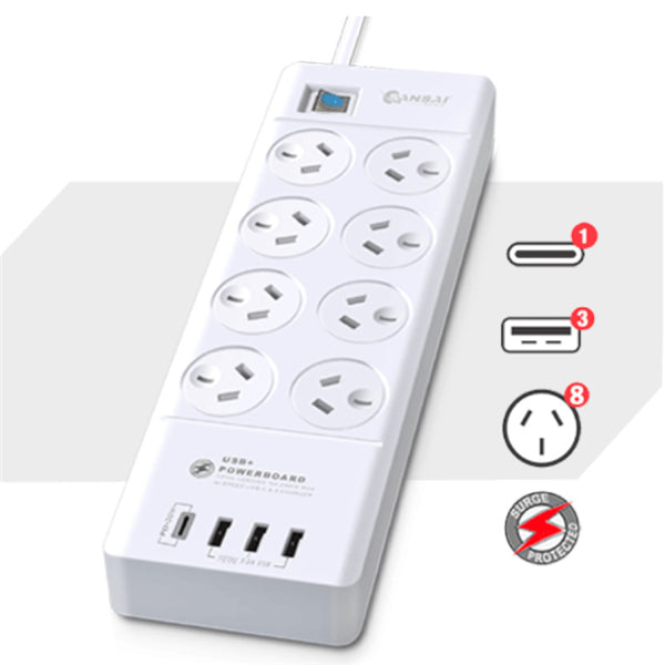 Sansai 8 Way Surge Powerboard with 3 USB ports, offering safe charging with overload protection and 2400W power output.