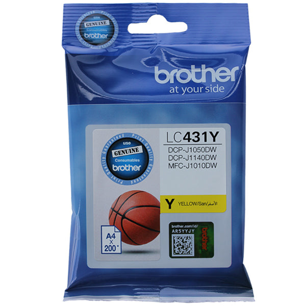 Brother LC431Y Yellow Ink Cartridge for vibrant prints, lasting 200 pages, compatible with Brother MFC-J1010DW and DCP-J1050DW printers.