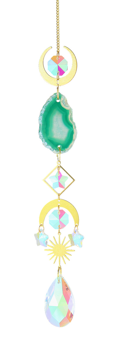 Hanging Crystal Sun Catcher with agate slice, refracting sunlight into colorful rainbows for vibrant home decor.
