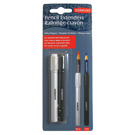 Derwent Pencil Extender Set 2 includes silver and black extenders for maximizing pencil usage and enhancing artistic detail.