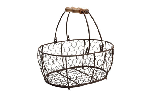 Medium oval wire basket in rustic brown with wooden handles, ideal for serving, storing, or displaying items stylishly.