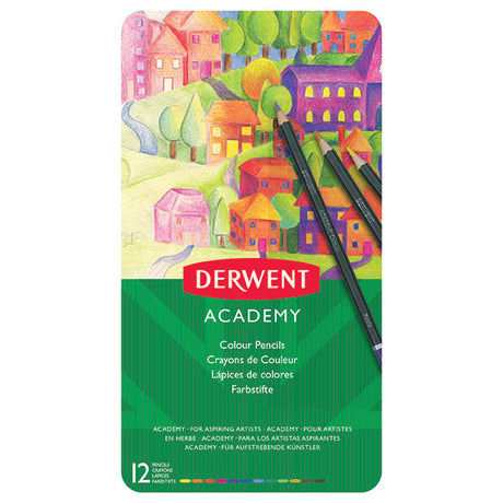 Derwent Coloured Pencils Pack of 12 in tin, featuring vibrant colors, durable wood barrels, and easy color identification.