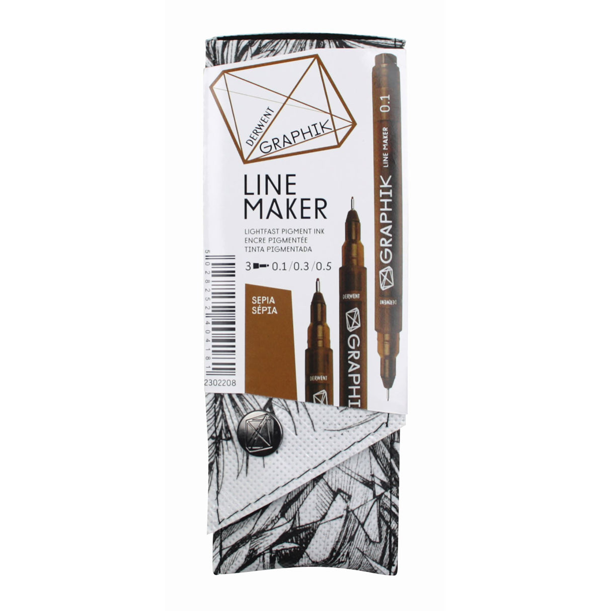 Derwent Graphik Linemaker Sepia PK3 set featuring fine liners with light-fast pigments, versatile nib sizes, ideal for detailed art.