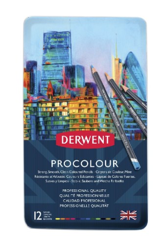 Derwent Procolour Pencils in a tin of 12, featuring smooth application and vibrant, high-quality pigments for detailed artwork.