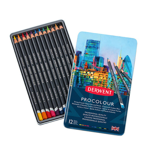 Derwent Procolour pencils in a tin, featuring 12 vibrant, high-performance colors for detailed and smooth artistic applications.