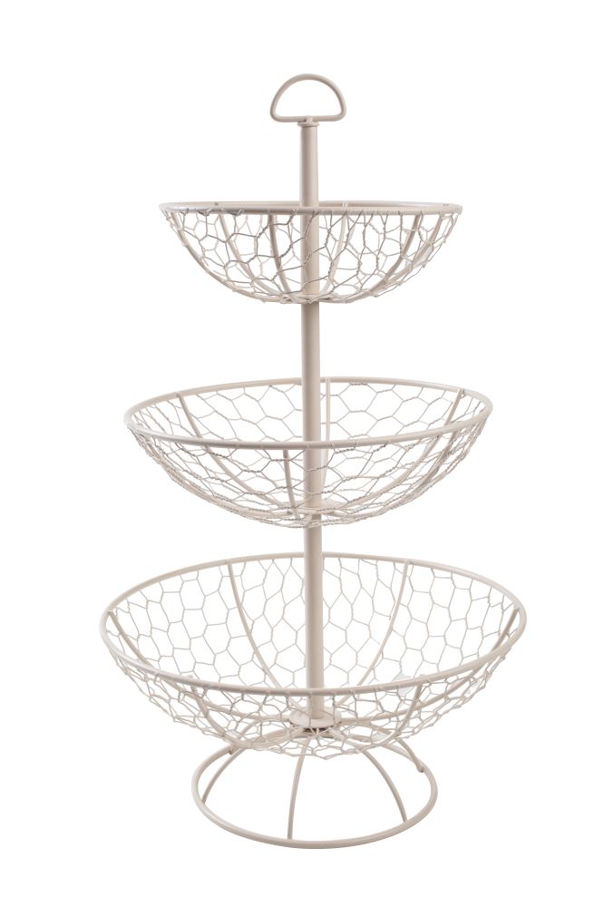 3 Tier cream wire basket showcasing fruits and vegetables, designed for stylish and functional kitchen organization.