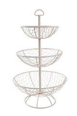 3 Tier cream wire basket showcasing fruits and vegetables, designed for stylish and functional kitchen organization.