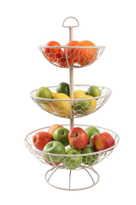 Three-tier cream wire basket for stylish kitchen organization, perfect for displaying fruits, vegetables, and eggs.