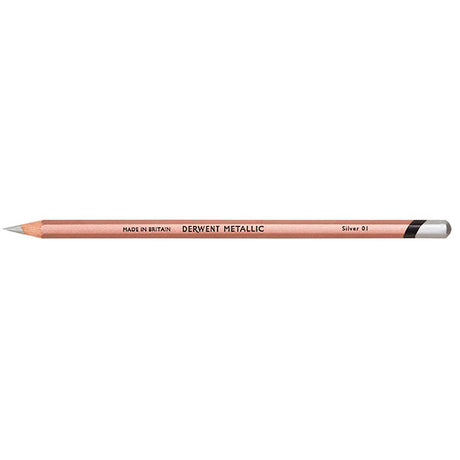 Derwent Metallic Pencil in Silver, showcasing a stunning shimmering hue for vibrant, glamorous artwork and smooth drawing experience.